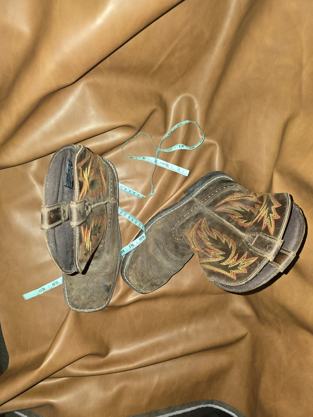 Men's 8.5 Brown Western Work Boots with Embroidered Flame Detail